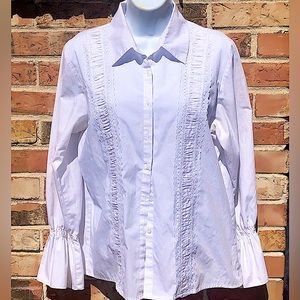 Woman’s White Button Down With Front Ruching And Lace details . Woman’s Size M